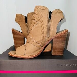 Vince Camuto Brown Peep-Toe Heeled Boots Tumbled Buff Goat see video
